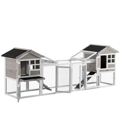 PawHut 2 in 1 Rabbit Hutch Outdoor Guinea Pig Hutch Bunny Run Double Main House with Run, No-Leak Tray 259 x 64 x 92cm, Grey