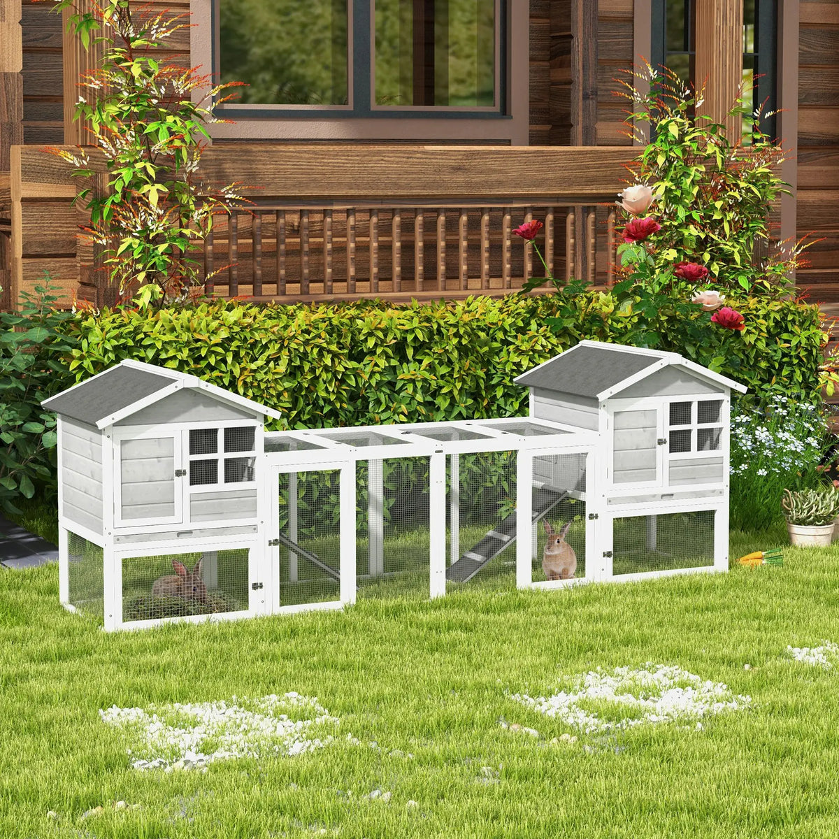 PawHut 2 in 1 Rabbit Hutch Outdoor Guinea Pig Hutch Bunny Run Double Main House with Run, No-Leak Tray 259 x 64 x 92cm, Grey