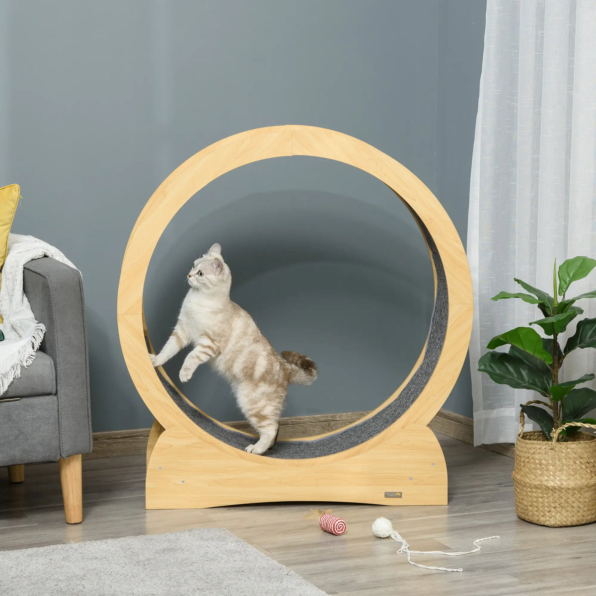 PawHut 30" Wooden Cat Running Wheel with Brake – Natural Wood Finish
