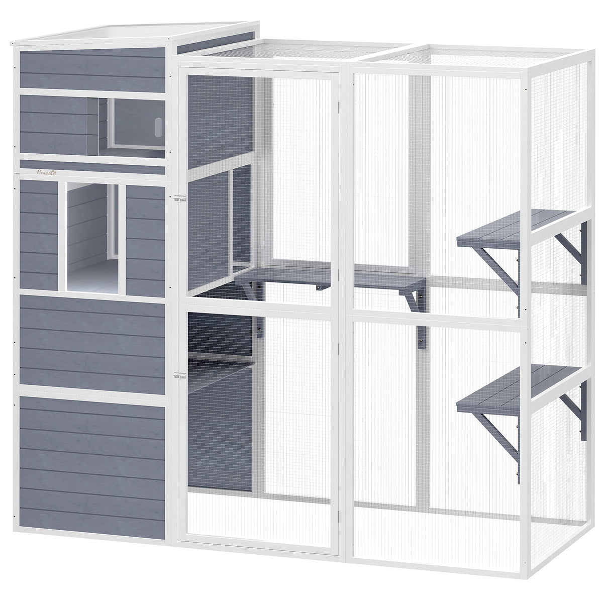 PawHut 4-Tier Wooden Catio Cat Outdoor Enclosure with Sun Roof - Grey
