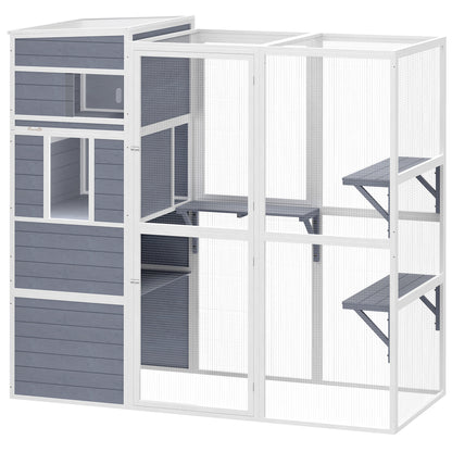 PawHut 4-Tier Wooden Catio Cat Outdoor Enclosure with Sun Roof - Grey