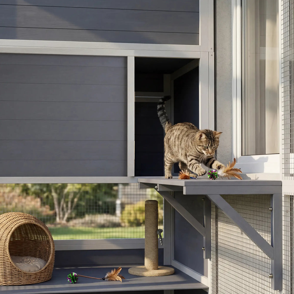 PawHut 4-Tier Wooden Catio Cat Outdoor Enclosure with Sun Roof - Grey