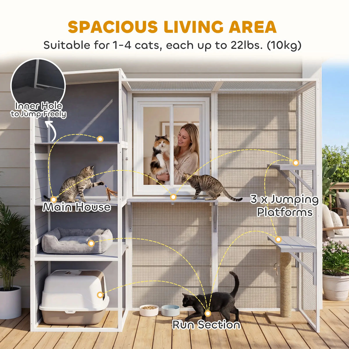 PawHut 4-Tier Wooden Catio Cat Outdoor Enclosure with Sun Roof - Grey