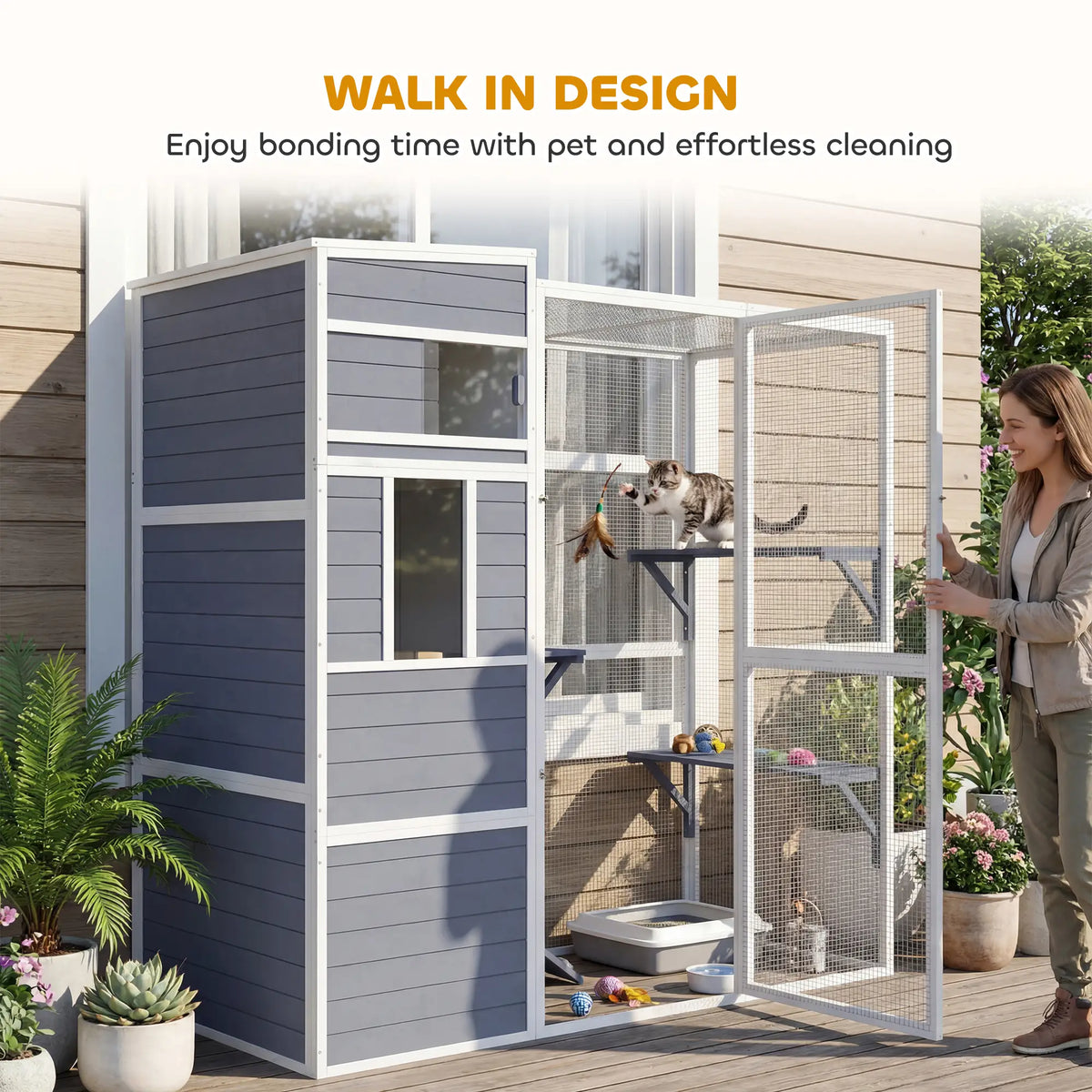 PawHut 4-Tier Wooden Catio Cat Outdoor Enclosure with Sun Roof - Grey