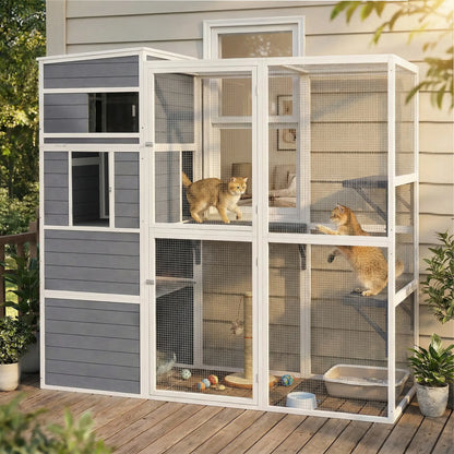 PawHut 4-Tier Wooden Catio Cat Outdoor Enclosure with Sun Roof - Grey
