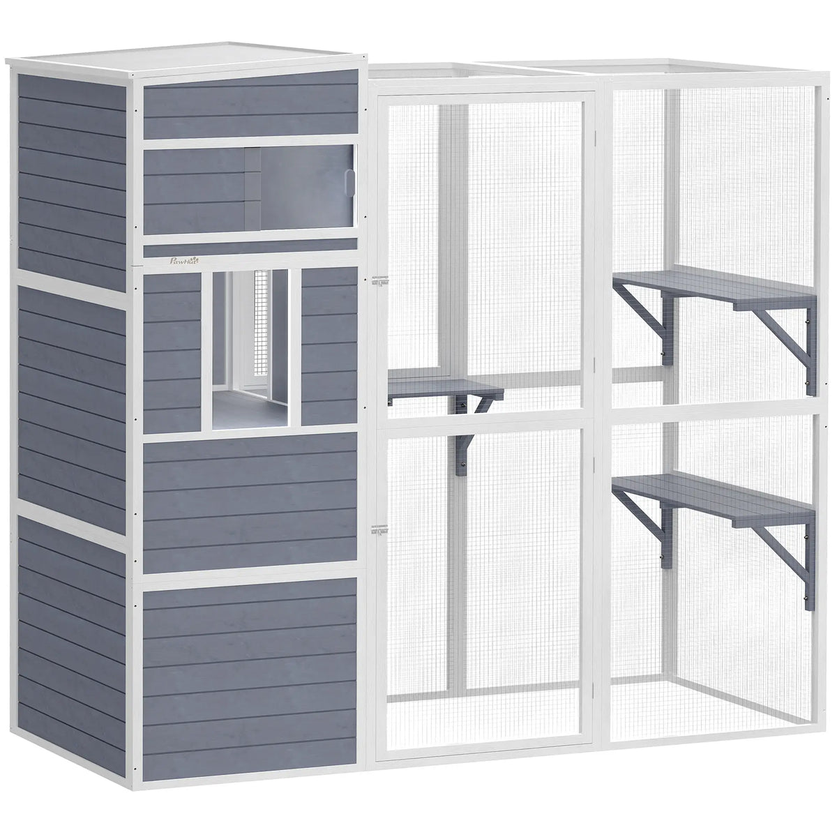 PawHut 4-Tier Wooden Catio Cat Outdoor Enclosure with Sun Roof - Grey