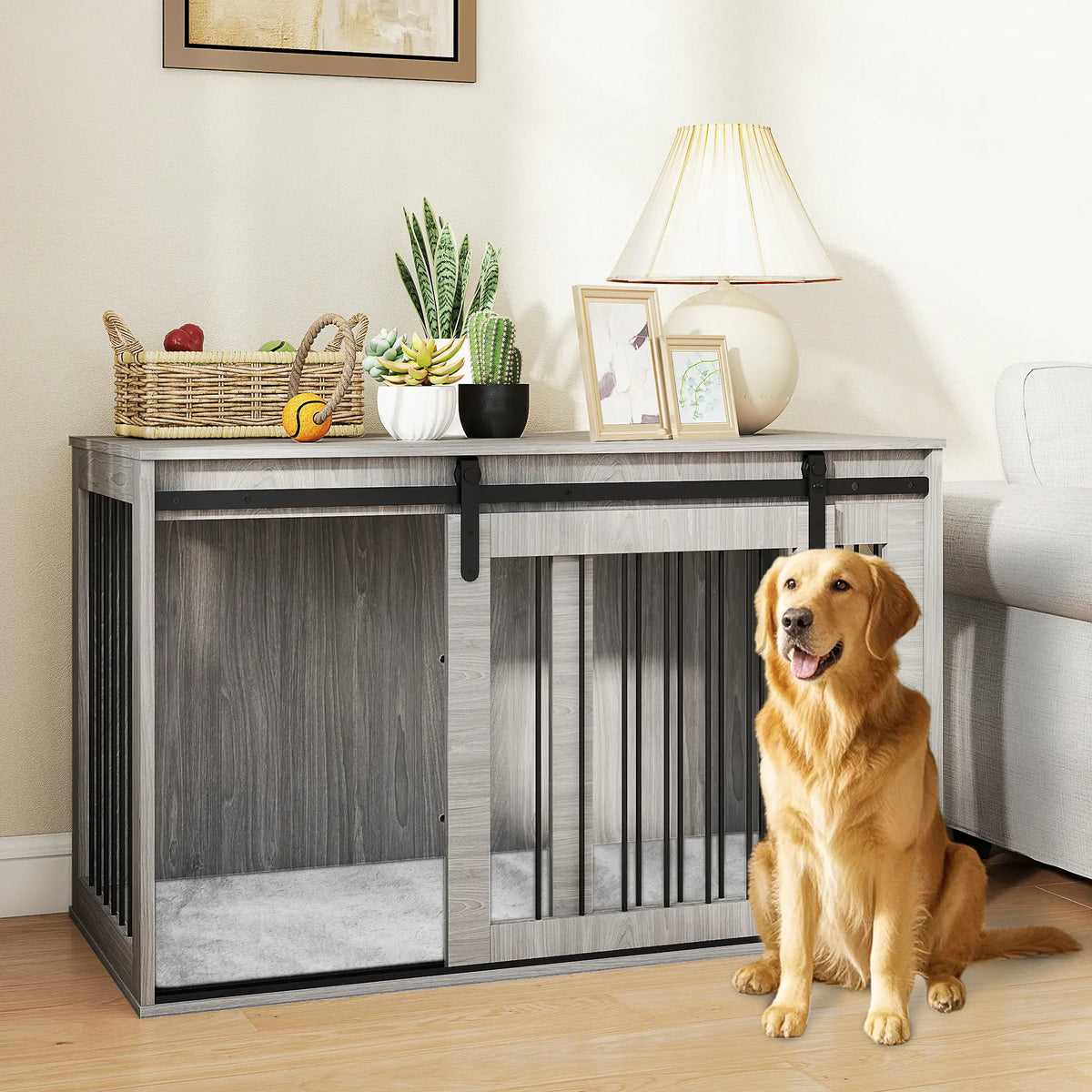 PawHut 46.46" Dog Crate Furniture with Removable Cushion & Security Latch - Grey