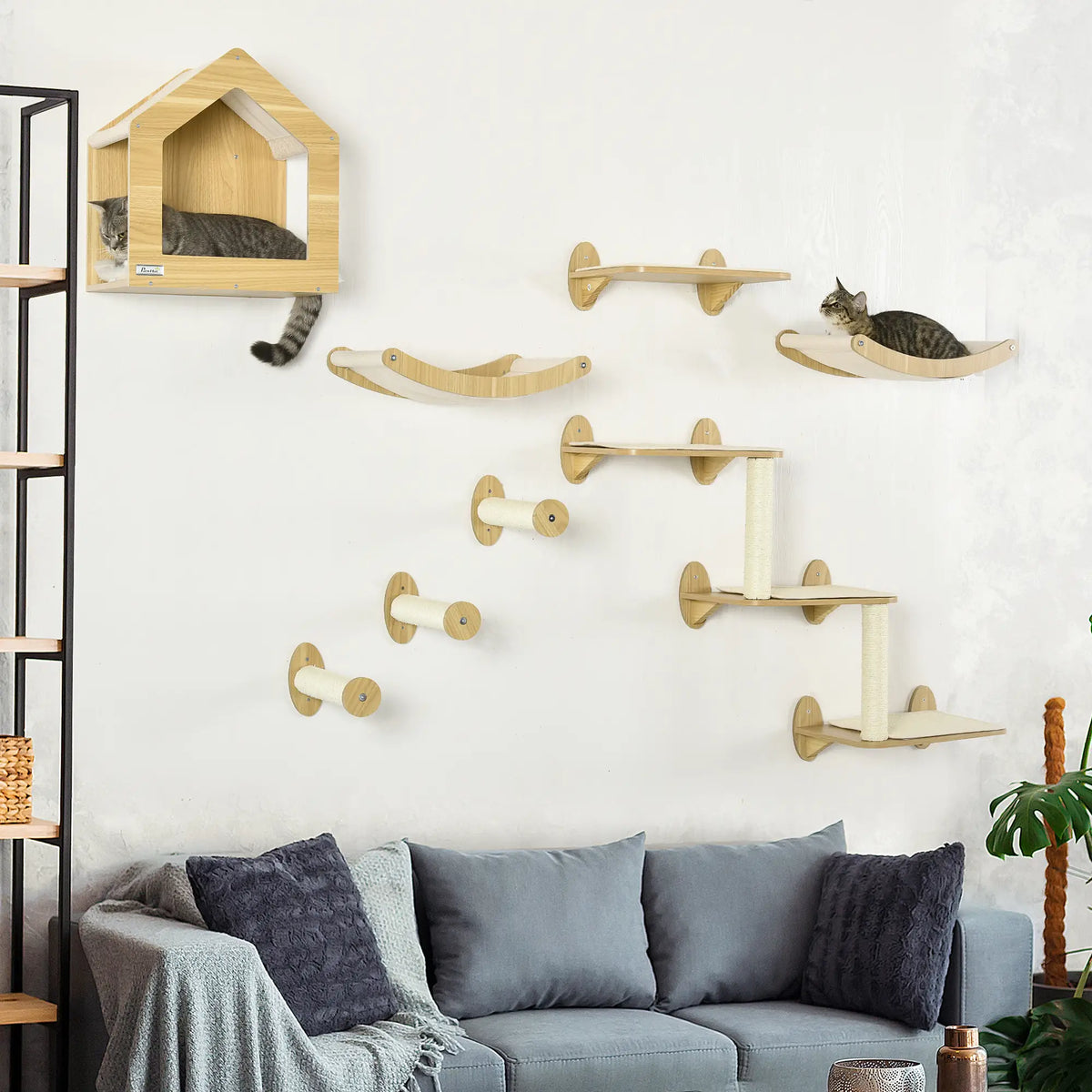 PawHut 8 Piece Cat Shelves Set with Cat House & Scratching Posts – Beige