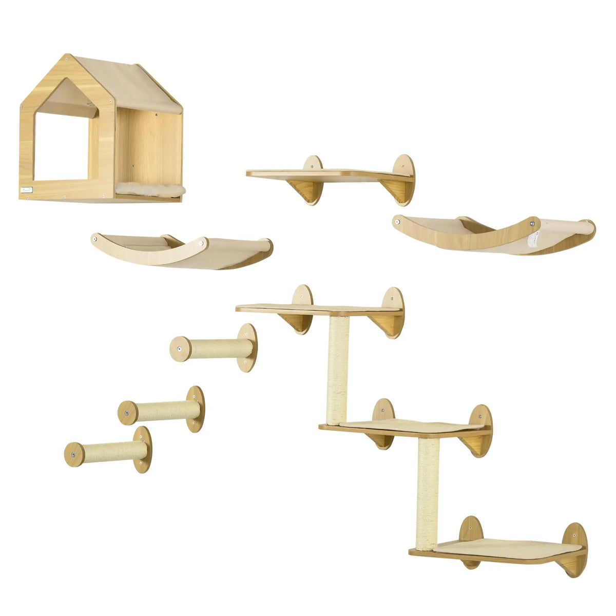 PawHut 8 Piece Cat Shelves Set with Cat House & Scratching Posts – Beige