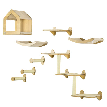 PawHut 8 Piece Cat Shelves Set with Cat House & Scratching Posts – Beige
