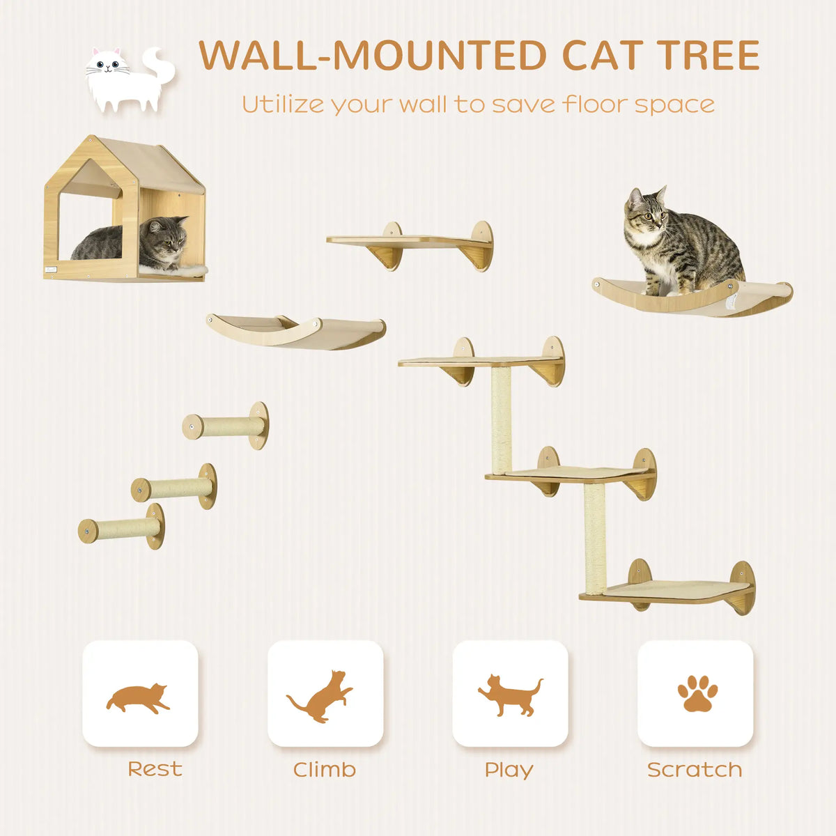 PawHut 8 Piece Cat Shelves Set with Cat House & Scratching Posts – Beige
