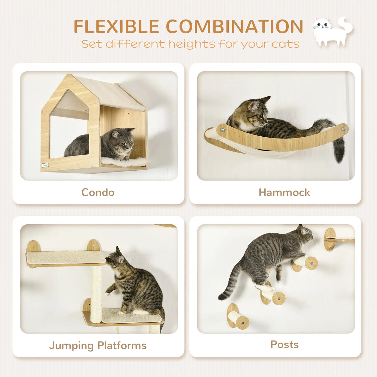 PawHut 8 Piece Cat Shelves Set with Cat House & Scratching Posts – Beige