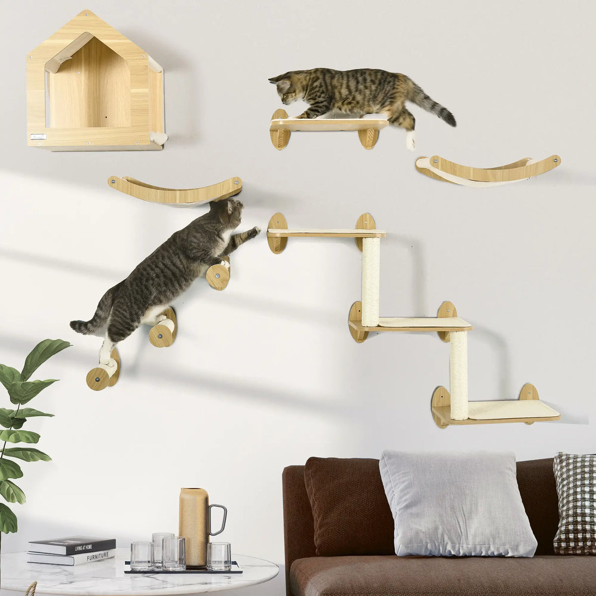 PawHut 8 Piece Cat Shelves Set with Cat House & Scratching Posts – Beige
