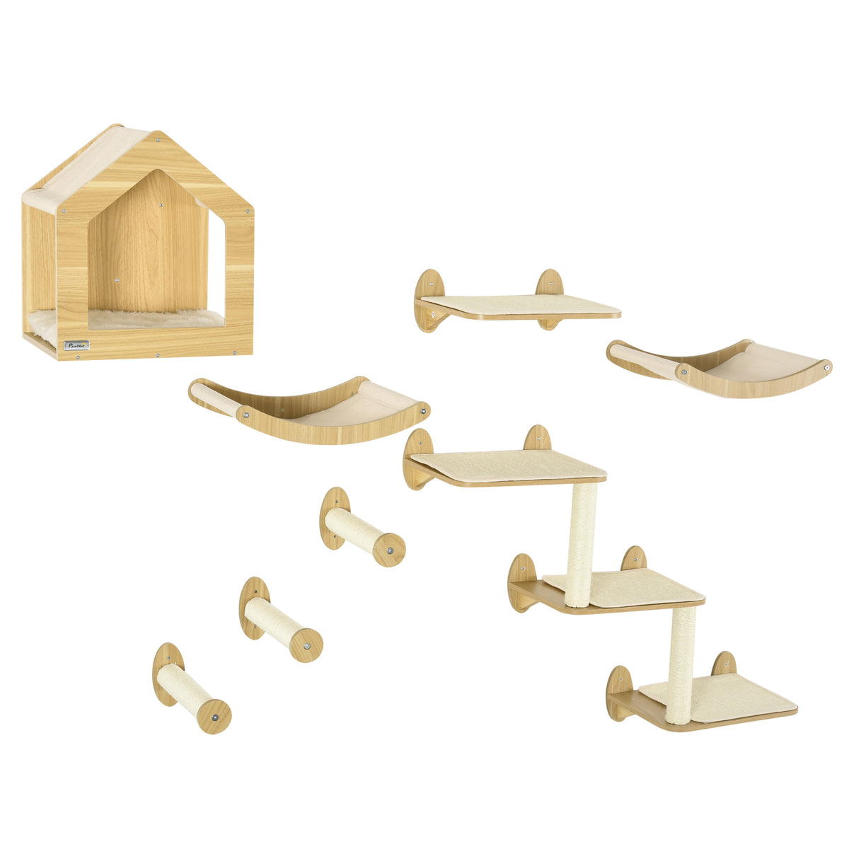 PawHut 8 Piece Cat Shelves Set with Cat House & Scratching Posts – Beige