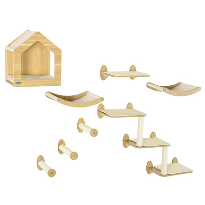 PawHut 8 Piece Cat Shelves Set with Cat House & Scratching Posts – Beige