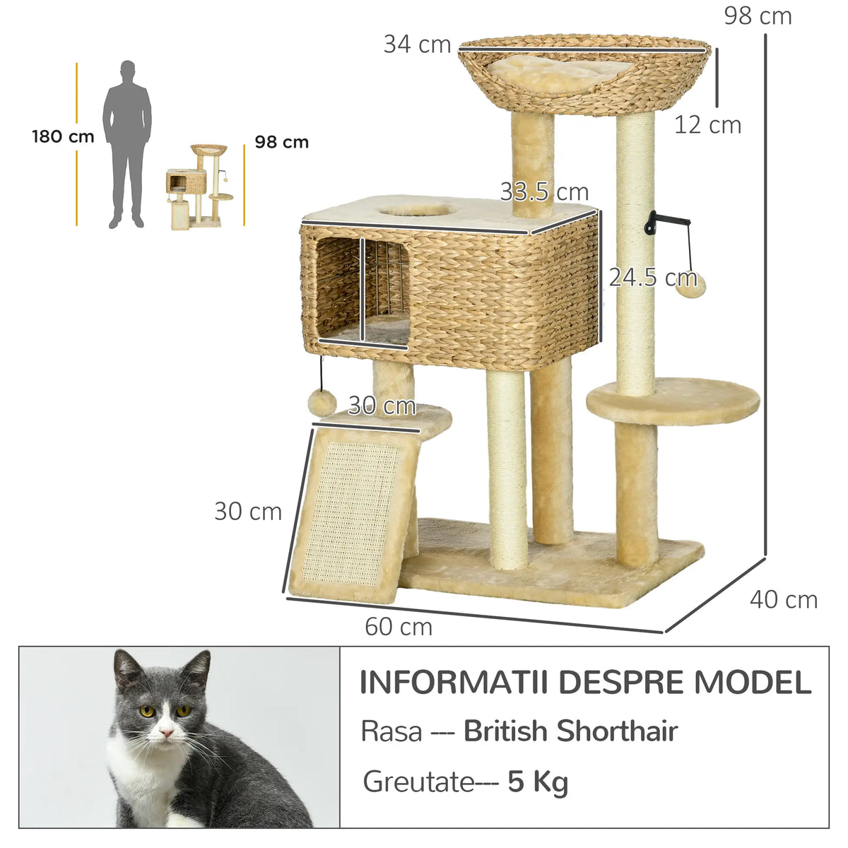 PawHut 95cm Cat Tree Tower for Indoor Cats – Beige