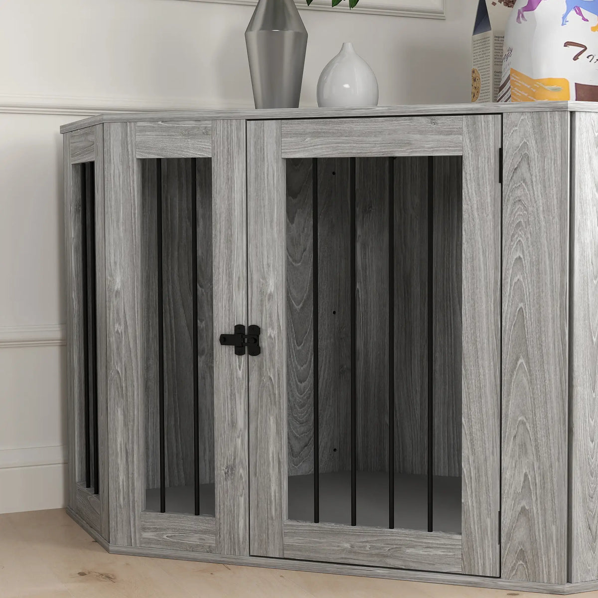 PawHut Dog Crate Furniture Side Table with Cushion – Grey