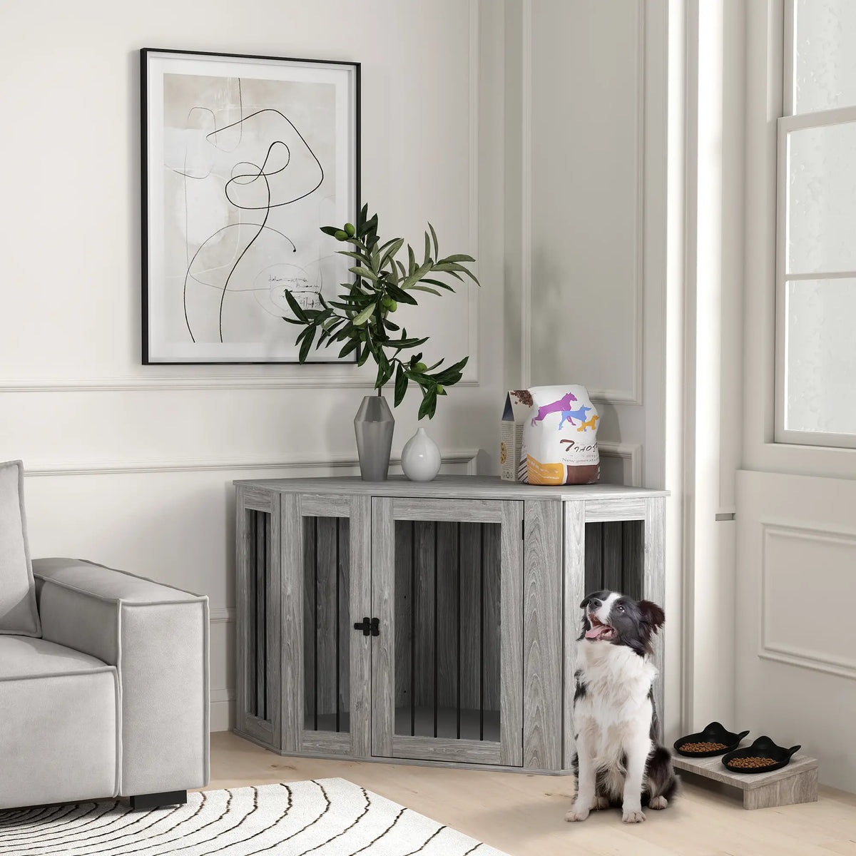 PawHut Dog Crate Furniture Side Table with Cushion – Grey