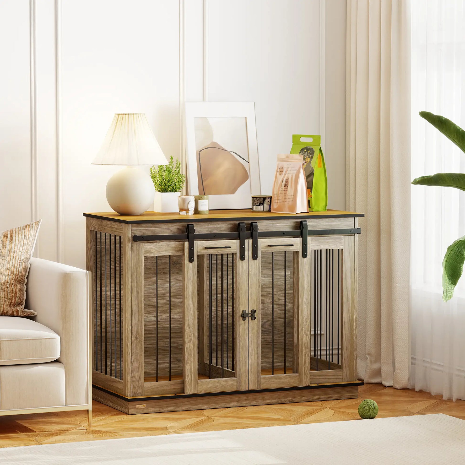 PawHut Dog Crate Furniture for Large Dogs with Sliding Doors – Oak Tone