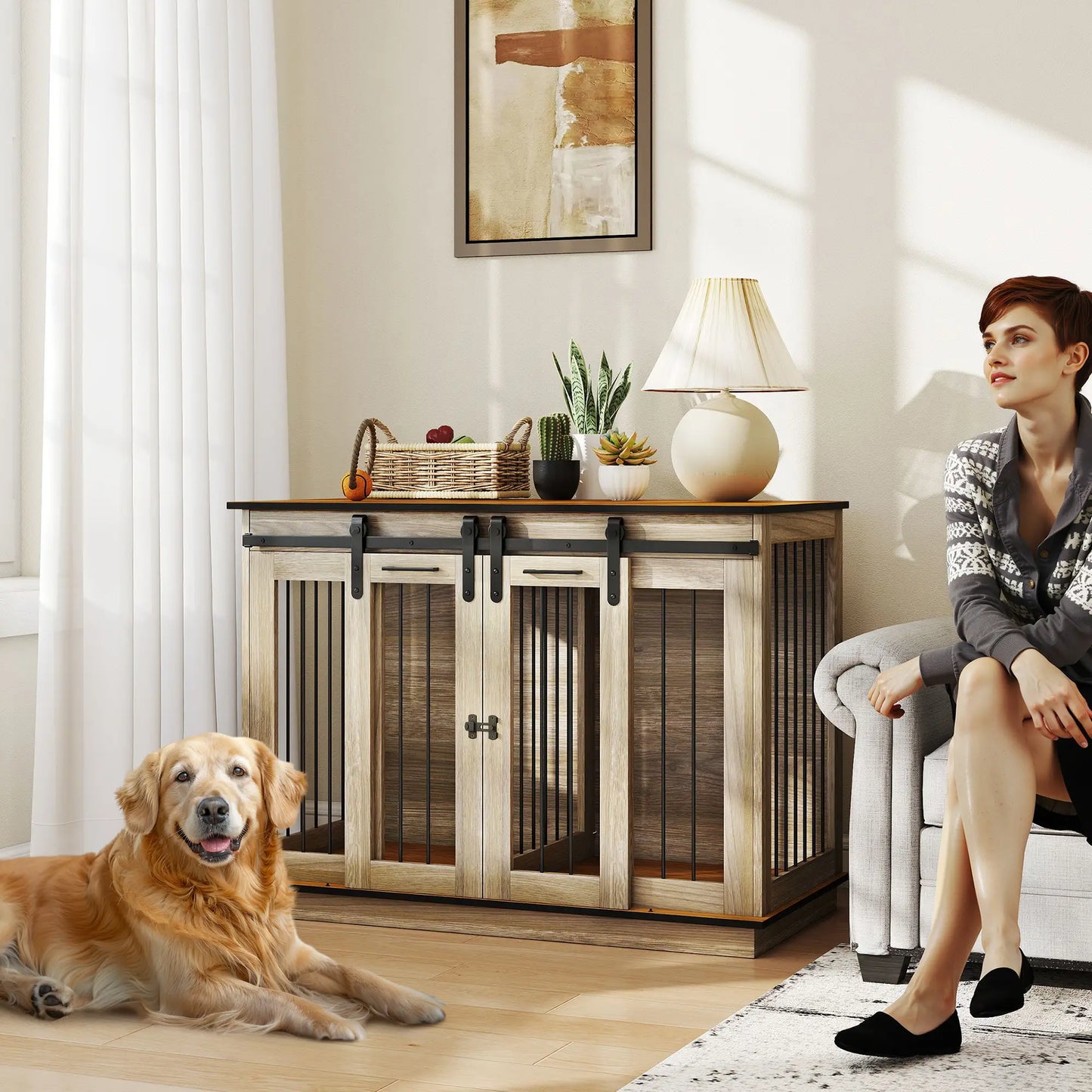 PawHut Dog Crate Furniture for Large Dogs with Sliding Doors – Oak Tone