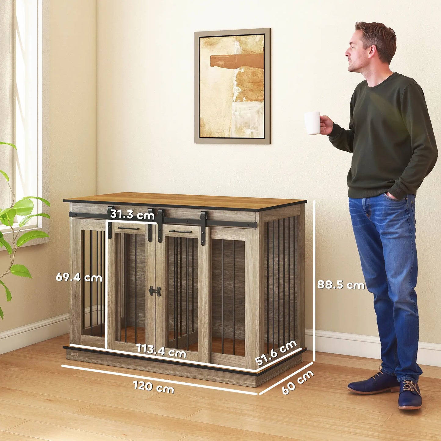 PawHut Dog Crate Furniture for Large Dogs with Sliding Doors – Oak Tone