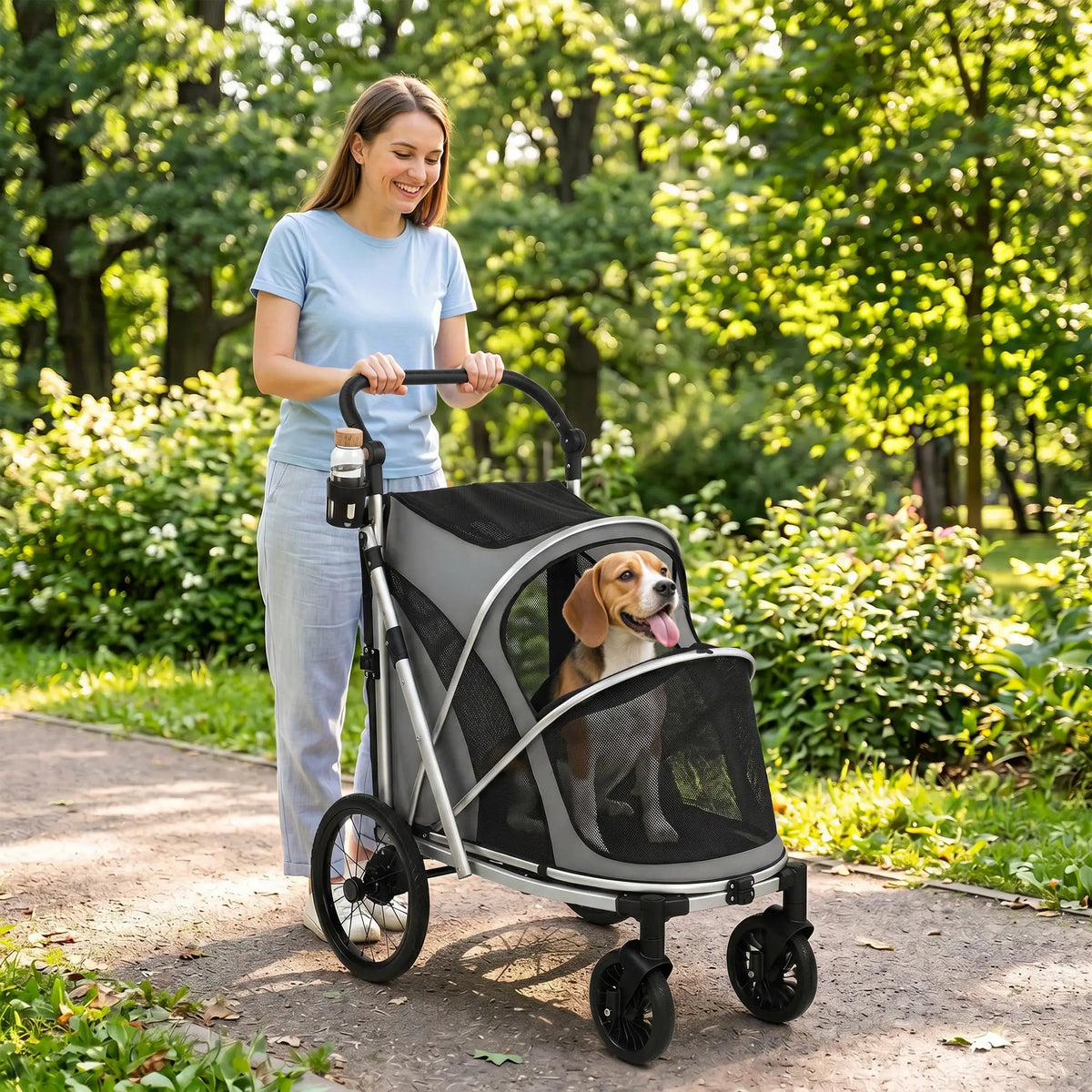 PawHut Dog Stroller with Shock Absorption - Grey