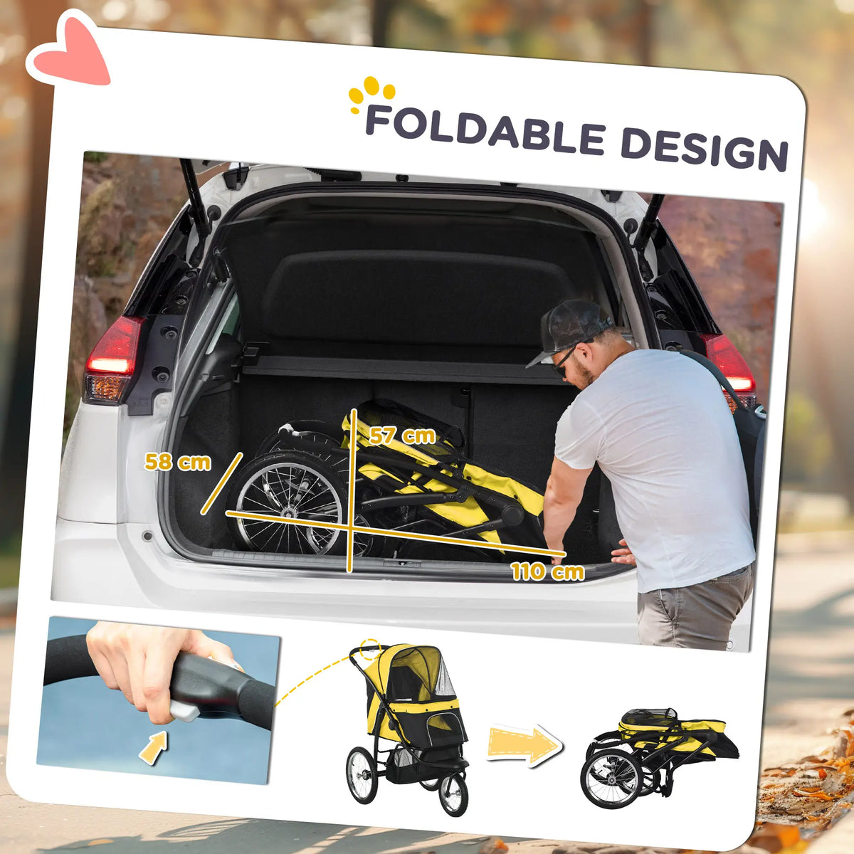 PawHut Foldable Pet Stroller Jogger with 3 Wheels - Yellow
