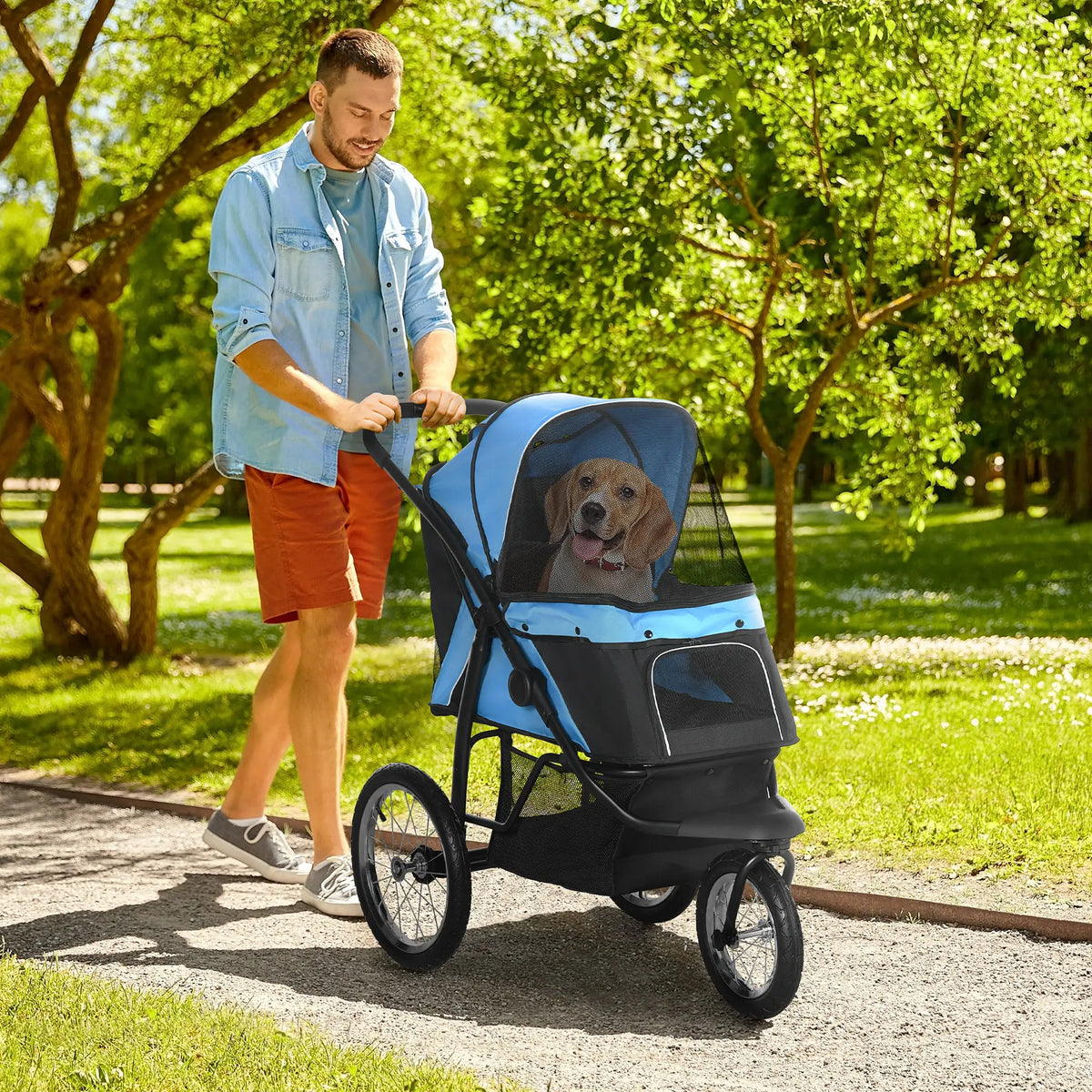 PawHut Foldable Pet Stroller with 3 Wheels - Blue