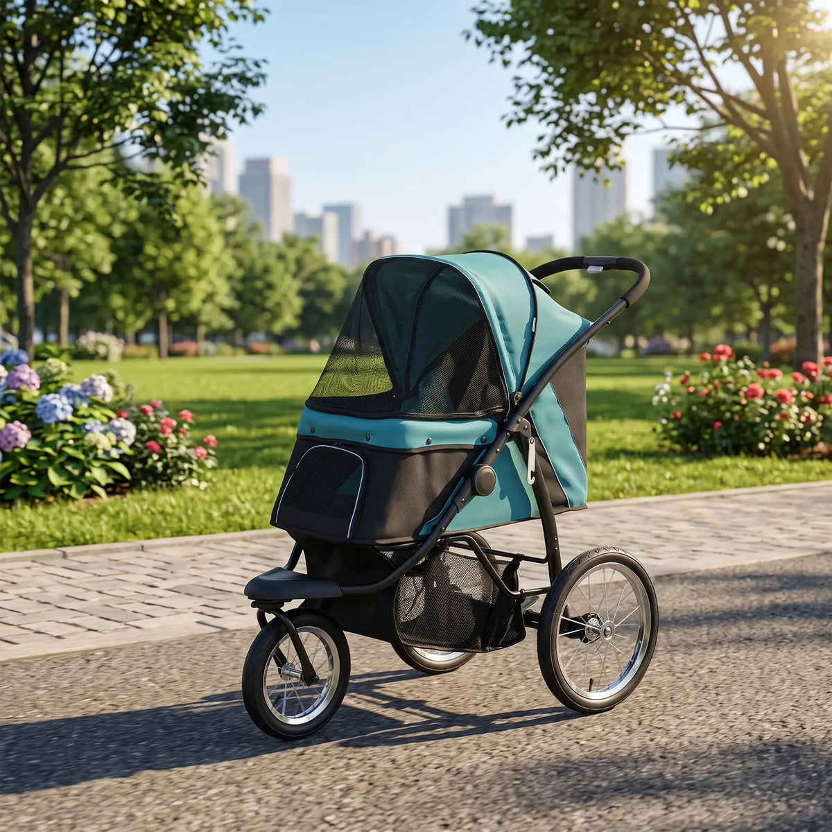 PawHut Foldable Pet Stroller with 3 Wheels - Green