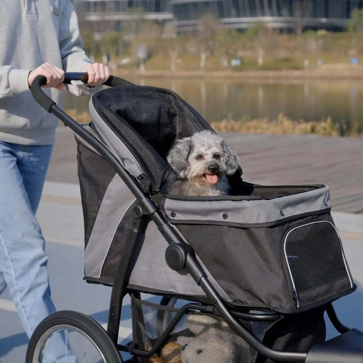 PawHut Foldable Pet Stroller with 3 Wheels - Grey