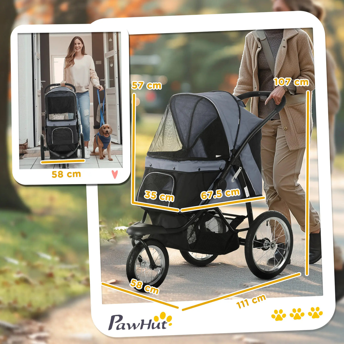 PawHut Foldable Pet Stroller with 3 Wheels - Grey