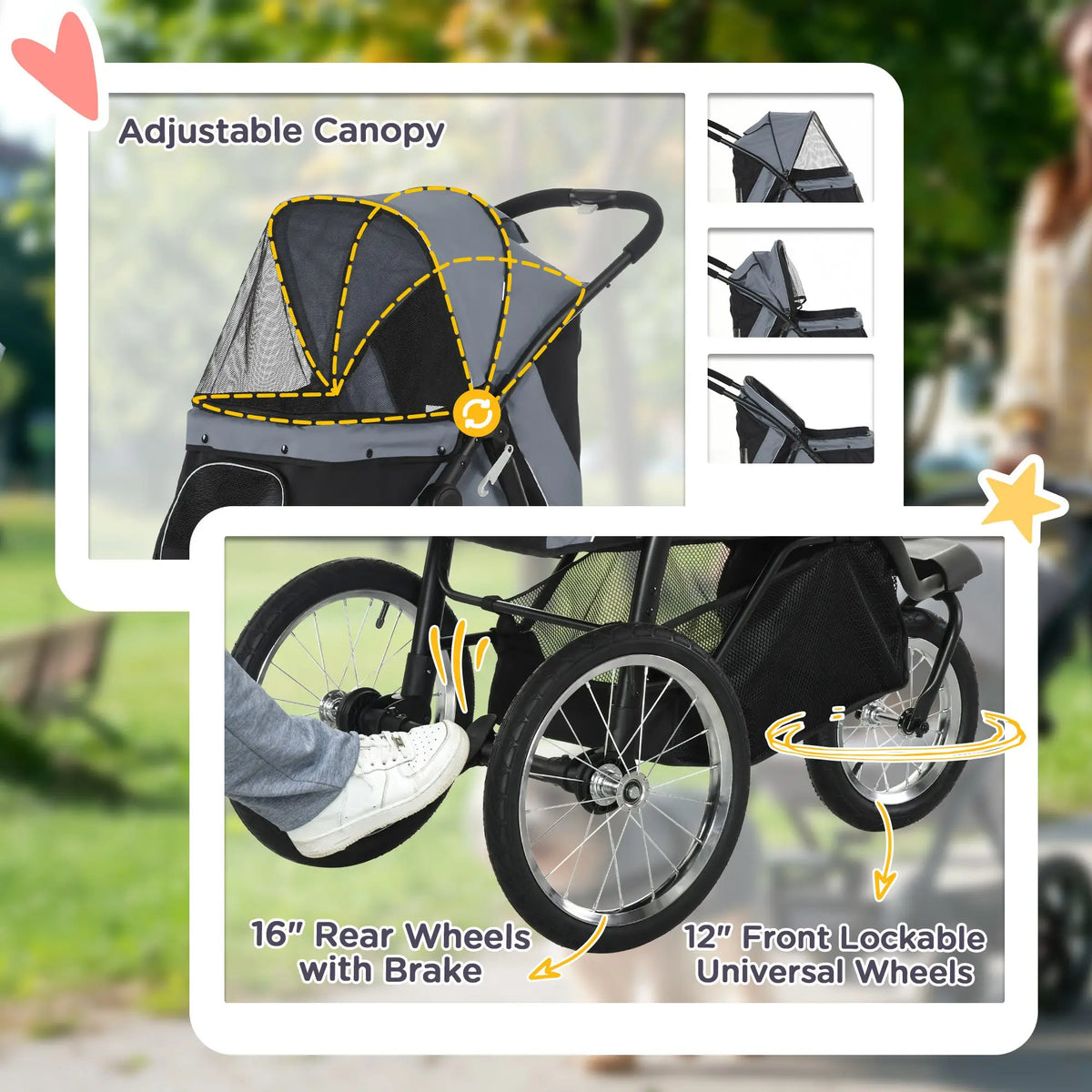 PawHut Foldable Pet Stroller with 3 Wheels - Grey