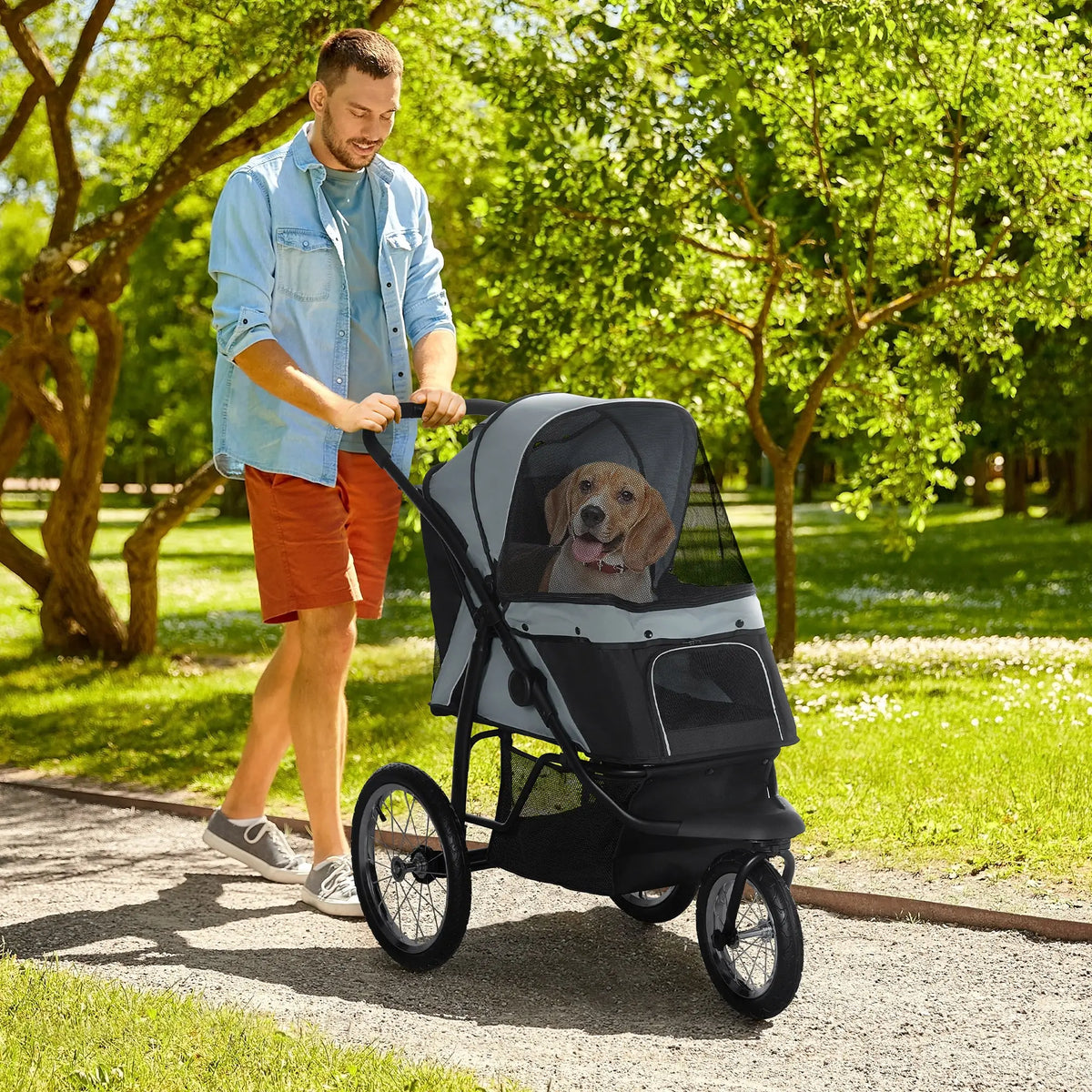 PawHut Foldable Pet Stroller with 3 Wheels - Grey