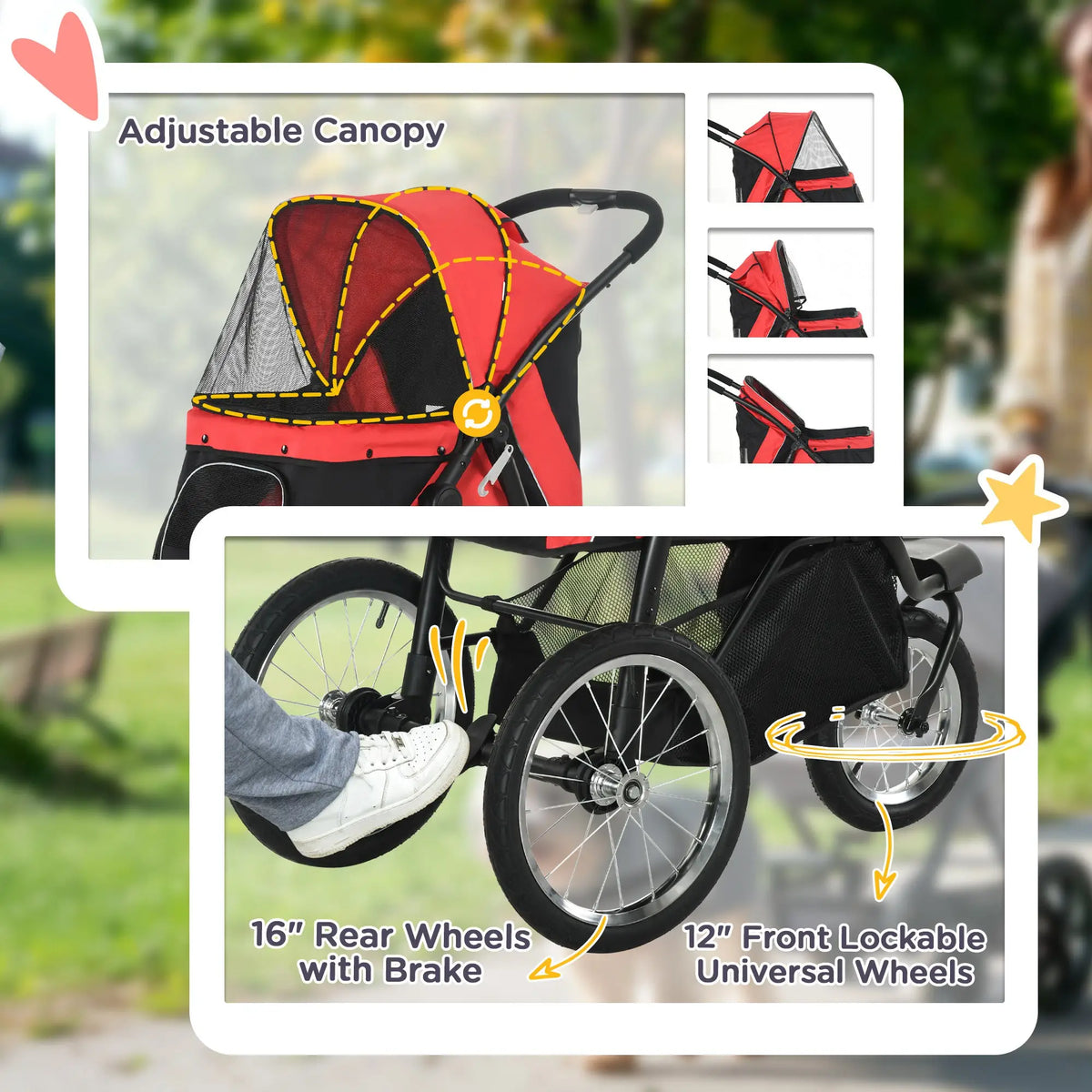 PawHut Foldable Pet Stroller with 3 Wheels - Red