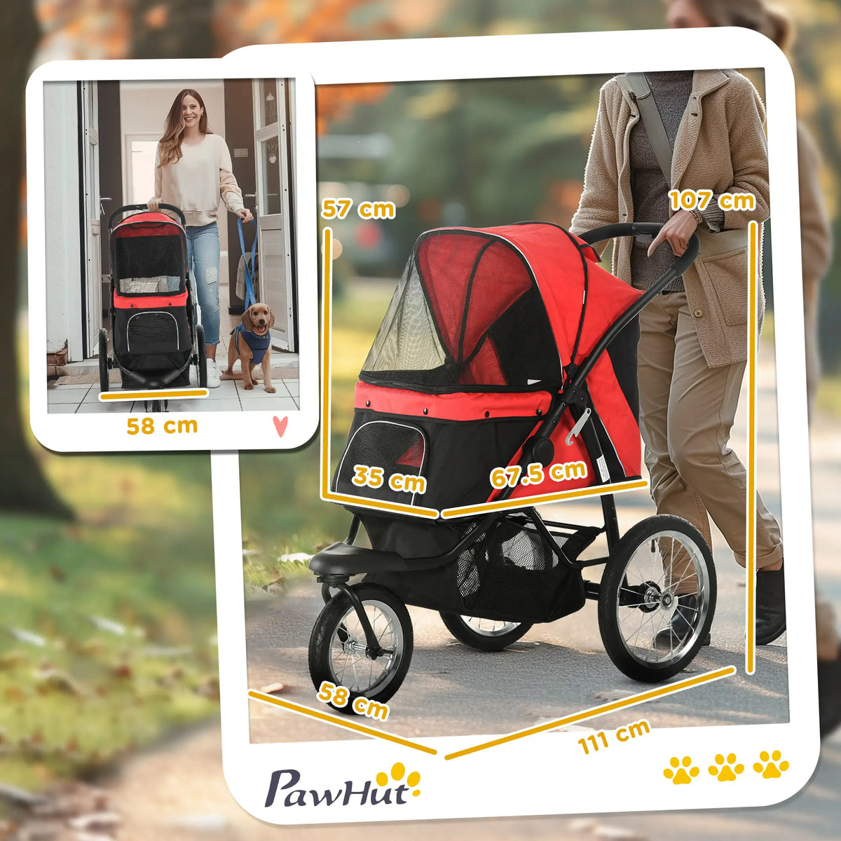 PawHut Foldable Pet Stroller with 3 Wheels - Red
