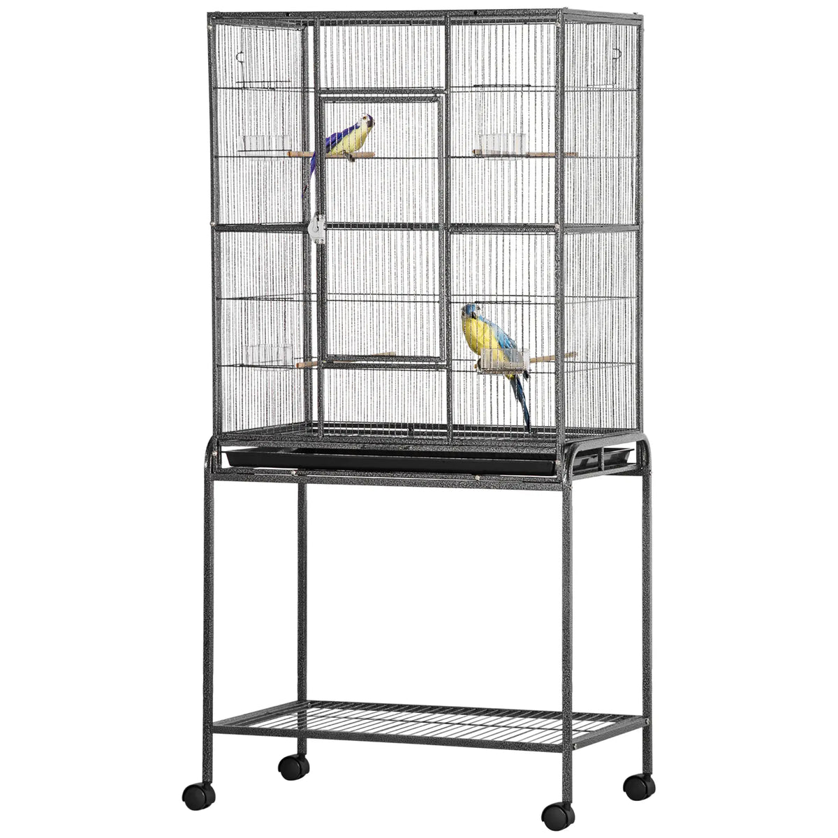 PawHut Large Bird Cage with Stand, Wheels & Storage Shelf – Black