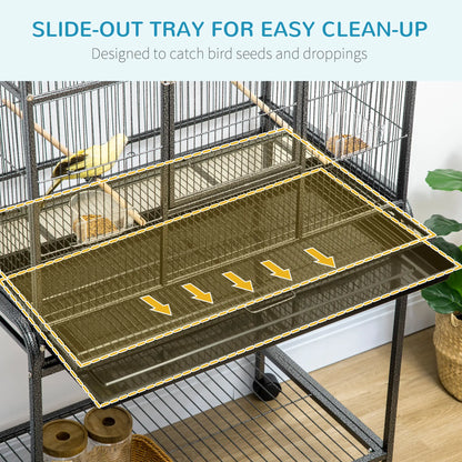 PawHut Large Bird Cage with Stand, Wheels & Storage Shelf – Black