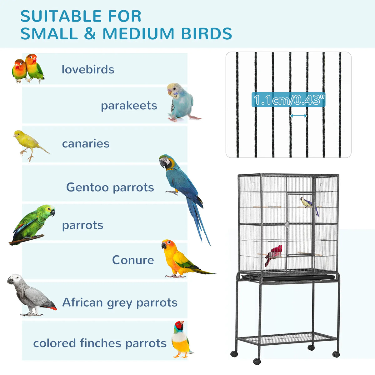 PawHut Large Bird Cage with Stand, Wheels & Storage Shelf – Black