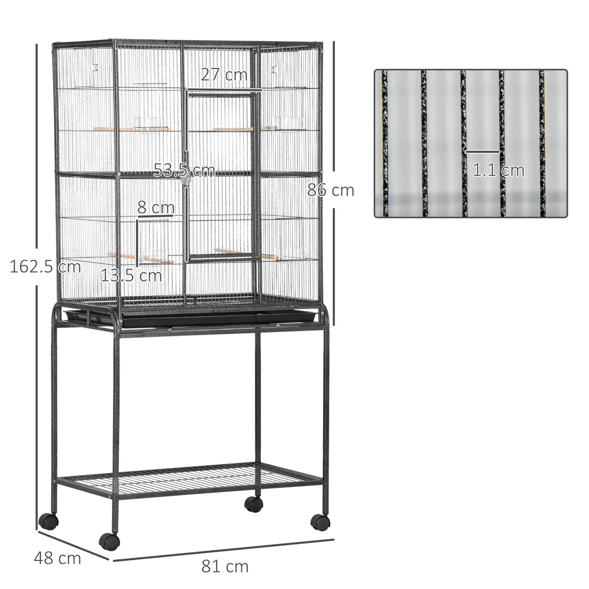 PawHut Large Bird Cage with Stand, Wheels & Storage Shelf – Black