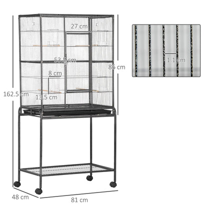 PawHut Large Bird Cage with Stand, Wheels & Storage Shelf – Black