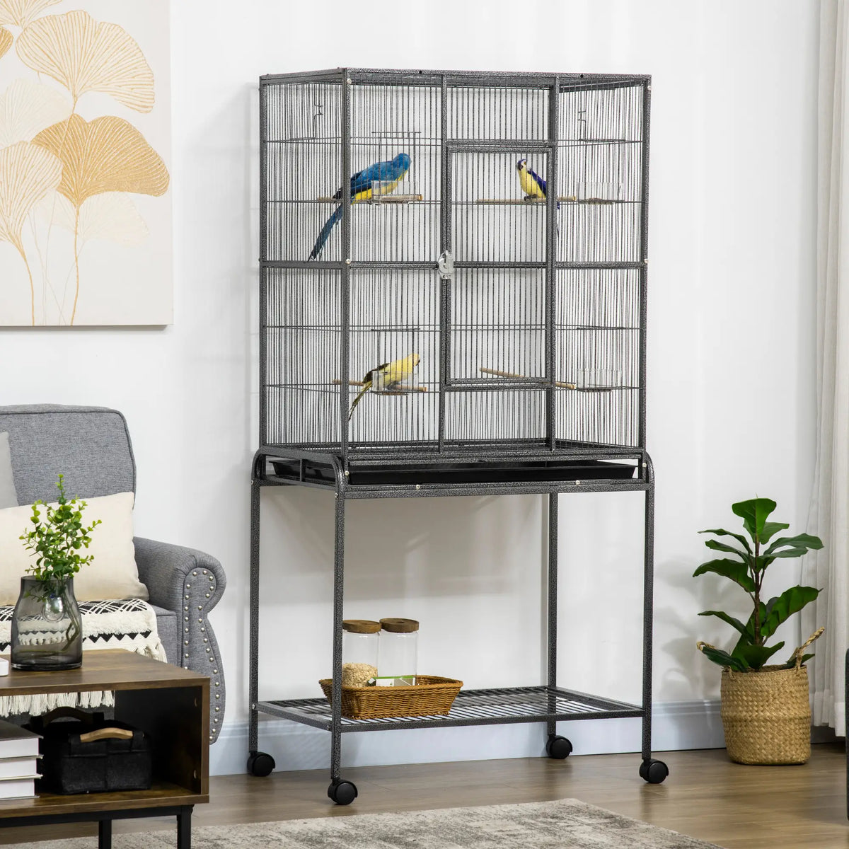 PawHut Large Bird Cage with Stand, Wheels & Storage Shelf – Black