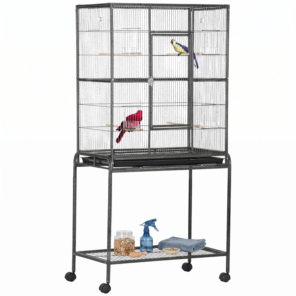 PawHut Large Bird Cage with Stand, Wheels & Storage Shelf – Black