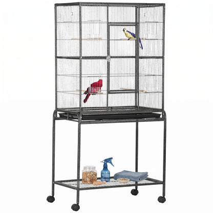PawHut Large Bird Cage with Stand, Wheels & Storage Shelf – Black