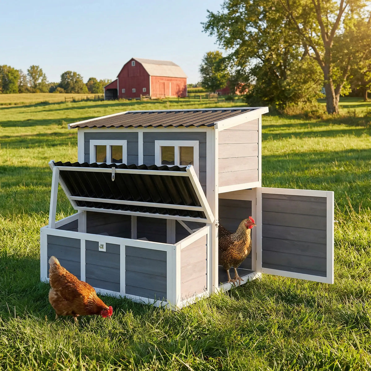 PawHut Large Wooden Chicken Coop – Outdoor Hen House with Nesting Box & Ramp