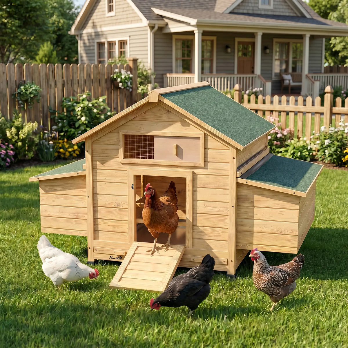 PawHut Wooden Chicken Coop – Outdoor Hen House with Nesting Boxes & Pull-Out Tray