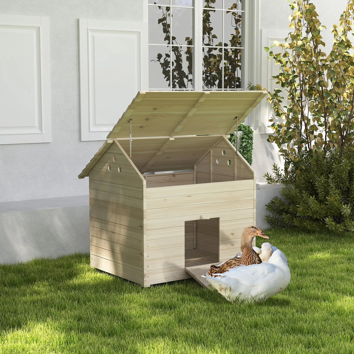 PawHut Wooden Duck House Poultry Coop for 2–4 Ducks with Openable Roof