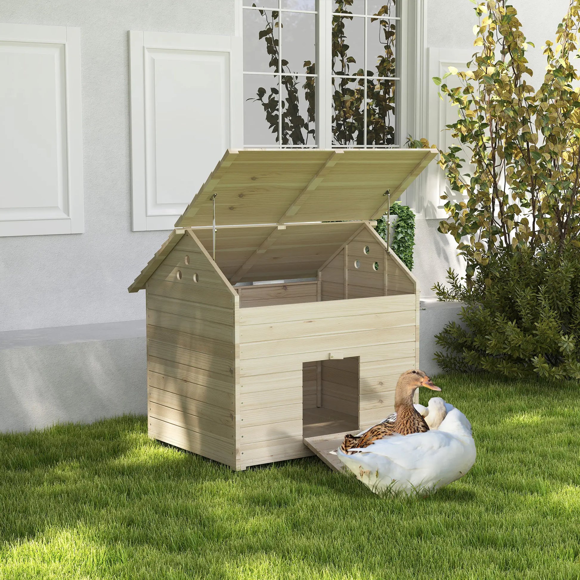 PawHut Wooden Duck House Poultry Coop for 2–4 Ducks with Openable Roof