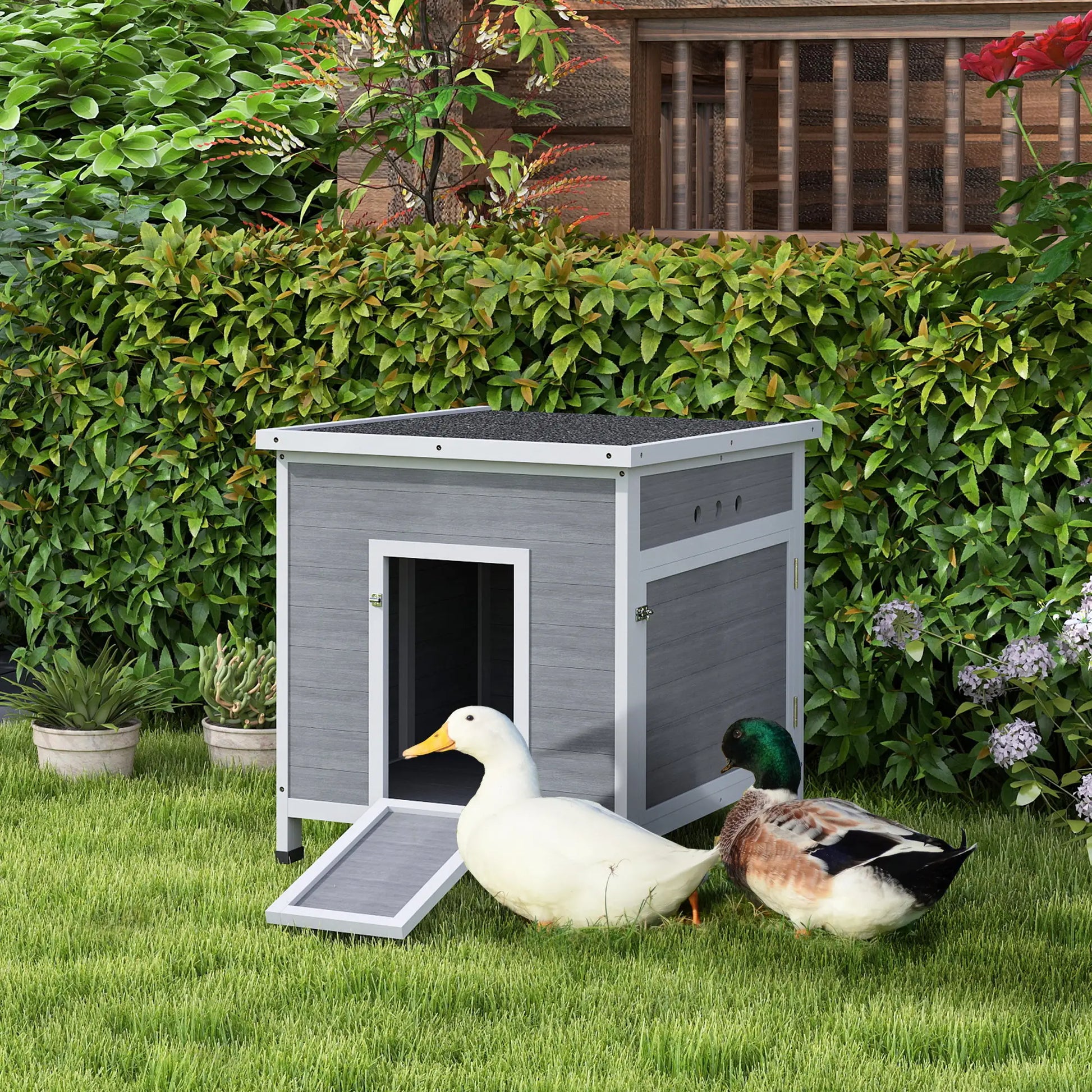 PawHut Wooden Duck House for 2-4 Ducks with Ramp & Openable Roof, Grey and White