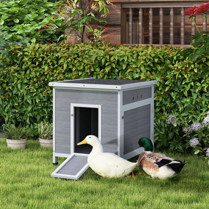 PawHut Wooden Duck House for 2-4 Ducks with Ramp & Openable Roof, Grey and White