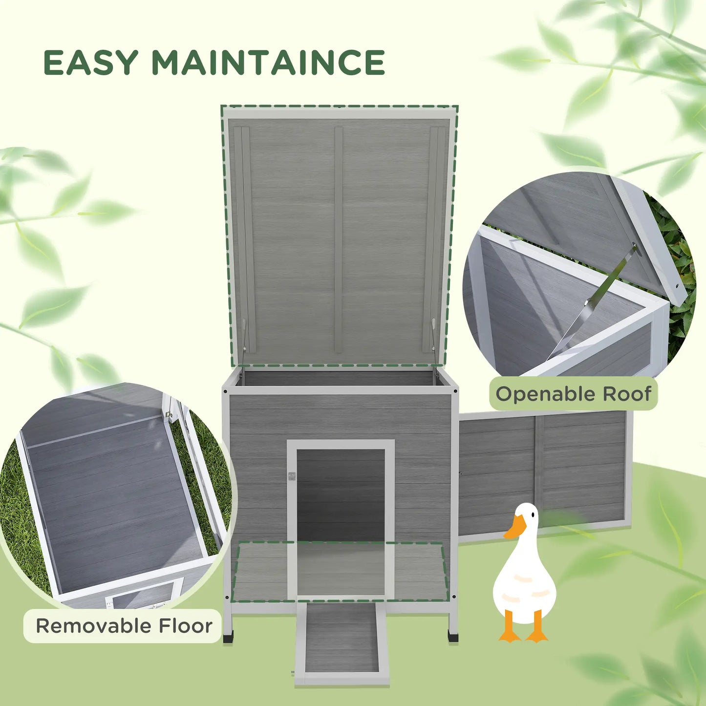 PawHut Wooden Duck House for 2-4 Ducks with Ramp & Openable Roof, Grey and White